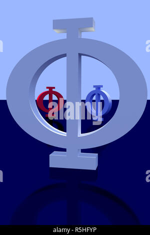 Phi grec les lettres en bleu sur une surface réfléchissante légèrement,brillant Banque D'Images