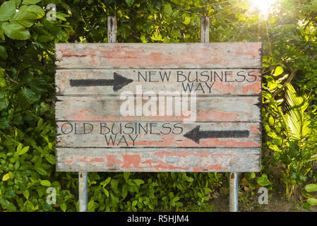 Vieux Chemin d'affaires par rapport à de nouveaux cours avec les flèches directionnelles sur old vintage board panneau dans la forêt, avec les rayons du soleil en arrière-plan. Banque D'Images