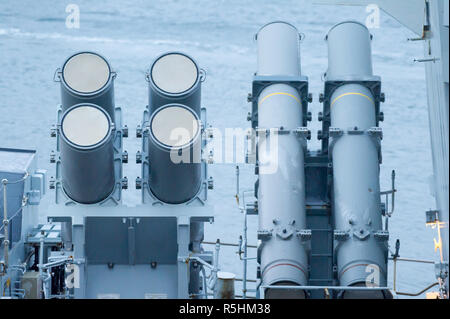 RGM-84 Harpoon missile anti-navires système de lancement de la Type 23 frégate ou d'un duc-classe frégate HMS Westminster F237 est vu dans le port de Gdynia, Pol Banque D'Images