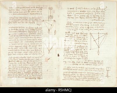 Dessins de Leonardo Da Vinici sur sur les pouvoirs et les forces mécaniques, percussion, gravité, mouvement, l'optique et l'astronomie, avec diverses propositions arithmétiques et géométriques. Leonardo Da Vinci's rough livre des observations. L'Italie, au début du 16e siècle. Écrit à l'envers dans la main de l'auteur, et illustrée par des schémas et des délimitations. Leonardo Da Vinci's livre rugueux d'observations et des démonstrations sur des sujets principalement des mathématiques mixtes., étant sans rapport des notes écrites par lui, à différents moments, à compter du 22 mars,1508. Source : Arundel 263, ff.4v,11. Langue : Italien. Banque D'Images