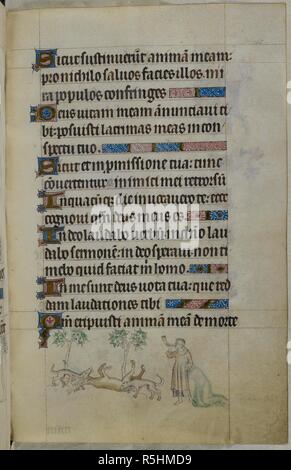 Bas-de-page de scène un cerf sur son dos sur le sol, attaquée par deux chiens, tandis que le chasseur ses coups de corne. Psautier ('Le psautier de la Reine Mary"). Angleterre (Londres/Westminster ou East Anglia ?) ; entre 1310 et 1320. Source : Royal 2 B. VII, f.155. Langue : Français de l'Amérique latine, avec les légendes des images. Banque D'Images