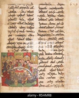 La dernière Cène dans la chambre haute. Le Christ assis à la tête d'une table ovale, entourée par les apôtres. Ce manuscrit contient des passages de l'Évangile dans l'ordre liturgique qui sont utilisés comme des lectures à des services de l'église. Lectionnaire syriaque. Mossoul (Irak), 1216-1220. Tempera sur papier. . Source : ajouter. 7170, f.139v. Langue : Syriaque. Banque D'Images