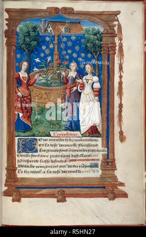 Pageant à Fontaine du ponceau. D'un manuscrit sur la question du mariage de Marie Tudor à Louis XII de France. Pageants pour le mariage de Marie Tudor, sœur de. France (Paris), 1514. Ensemble (folio) au Fontaine du ponceau. Trois femmes de ménage appelé grâces, représentant les vertus, s'en tenir à une fontaine qui contient les lys de France et les roses de l'Angleterre. Mariage Royal. Source : Vespasien Coton B. II, f.6. Langue : Français. Banque D'Images