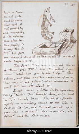 Bill le lézard. Aventures d'Alice sous terre [in Wonderland]. [Angleterre] Oxford ; 1862-1864. [Folio] texte et dessin du chapitre II : Bill le lézard se dégage de la cheminée pot, après avoir été frappé par la cheminée par Alice Image réalisée à partir d'aventures d'Alice sous terre [in Wonderland]. Publié à l'origine/produit en Angleterre [Oxford] ; 1862-1864. . Source : ajouter. 46700, f.23. Langue : Anglais. Auteur : Charles Lutwidge Dodgson,. Charles Lutwidge Dodgson,, pseud. Lewis Carroll. Banque D'Images