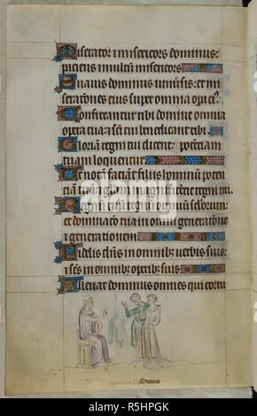 Bas-de-page scène de Theodore devant un juge, assisté par un homme. Psautier ('Le psautier de la Reine Mary"). Angleterre (Londres/Westminster ou East Anglia ?) ; entre 1310 et 1320. Source : Royal 2 B. VII, f.275v. Langue : Français de l'Amérique latine, avec les légendes des images. Banque D'Images