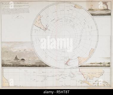 [Site] Carte de l'hémisphère sud montrant la route de la résolution lors de son deuxième voyage du capitaine Cook, de Capetown en novembre 1772, à Caledonia en octobre 1774. Trois vues côtières ; Résolution Harbour, chef Frieslands et les îles Sandwich. Des tableaux et des vues des promontoires, prises au cours de son deuxième voyage du capitaine Cook, 1772-1774. après 1774. Source : ajouter. 15500, n°1. Langue : Anglais. Banque D'Images