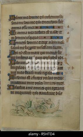 Bas-de-page scène de quatre hommes et une femme dans un bateau qui est attaquée par la serra, un monstre de mer. Psautier ('Le psautier de la Reine Mary"). Angleterre (Londres/Westminster ou East Anglia ?) ; entre 1310 et 1320. Source : Royal 2 B. VII, f.89. Langue : Français de l'Amérique latine, avec les légendes des images. Banque D'Images