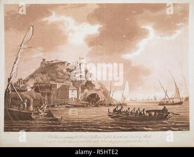 Avis de Cacilhas du Nord ; à l'avant-plan, deux marins charger des paniers d'une péniche 'Aqua' JWells inscrit sur le pont d'un ferry-boat où une femme et deux hommes attendent sur la gauche. Un bateau transportant un passager sous un baldaquin et six rameurs sur la droite, avec l'église de Nossa Senhora do Bom Sucesso, port et village de Cacilhas au pied d'une colline couronnée par les ruines et par le drapeau anglais voler au-dessus de l'hôpital derrière. Les bateaux à voile sur le Tage à l'arrière-plan. Vue prise de Lisbonne du point d'Cassilhas, l'hôpital anglais, et le couvent de Almada. Londres : Publis Banque D'Images