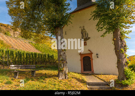 Chapelle au pied du vignoble dans le village de Mehring sur la Moselle et la vallée. Rhineland-Palantine, Germany, Europe Banque D'Images