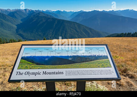 Olympic National Park, Washington, l'Ouragan Ridge Road vue vers les montagnes olympiques, signe d'interprétation Banque D'Images