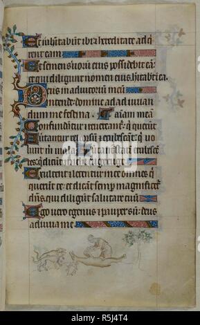 Bas-de-page d'une scène avec un chasseur de cerf exposées, tandis que deux chiens ; regardez sur un 'D' initiale décorée(eus). Psautier ('Le psautier de la Reine Mary"). Angleterre (Londres/Westminster ou East Anglia ?) ; entre 1310 et 1320. Source : Royal 2 B. VII, f.172. Langue : Français de l'Amérique latine, avec les légendes des images. Banque D'Images