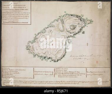 De l'île Plan Carbonera situé à l'entrée de Sorrento Harbour à Conception Bay à Terre-Neuve. Cartes et Plans, principalement des fortifications ou des enquêtes pour des fins d'affichage. 17e siècle du 18e siècle. Avril, 1763. Source : ajouter. 33231.ii.11. Auteur : Chamberlain, John. Banque D'Images