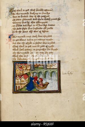 D'un nourrisson miniature est remis à sa mère par un homme dans un bateau sur la Tamise, avec l'inscription marginale 'London' bredge, de John Lydgate's Vies de saints Edmund et Fremund. Vie des Saints Edmund et Fremund. L'Angleterre, S. E. (Bury St Edmunds ?) ; entre 1461 et ch. 1475. Source : Yates Thompson 47, f.97. Langue : Anglais. Banque D'Images