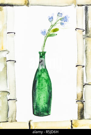 Fleurs bleu frais en bouteille dans l'image du bambou Banque D'Images