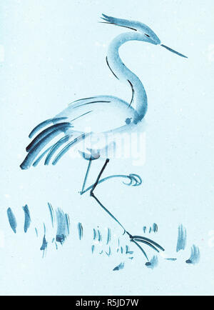 Oiseau heron sur du papier de couleur bleu Banque D'Images