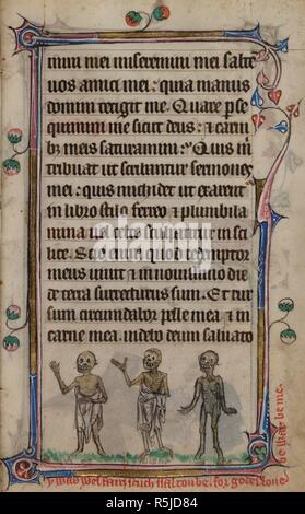 Bas-de-page de la scène trois morts, de trois cadavres squelettiques, partiellement enveloppé dans deux enveloppes, avec une légende de la lecture, "Y'a bien juste. Être ssaltou Scuch. Pour être amour godes guerre avec meâ€™ . Livre d'heures, l'utilisation de Sarum ('Le Taymouth heures'). L'Angleterre, S. E. ? (Londres ?) ; 2e trimestre du 14ème siècle. Source : Yates Thompson 13, f.180. Langue : le latin et le français. Banque D'Images
