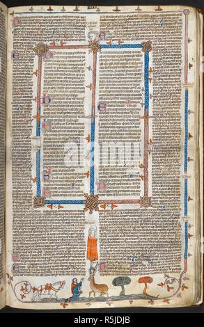 Un bas-de-page d'un homme de scène, descendit de son cheval, s'agenouillant devant un cerf qui porte l'image du Christ entre les cornes. Décrétales de Grégoire IX avec glossa ordinaria (le 'Smithfield décrétales'). La France, S. (Toulouse), dernier quart du 13e siècle ou au 1er trimestre de la 14e siècle. Source : Royal 10 E. IV, f.230. Langue : le latin. Auteur : Raymond de PeÃ±afort, éditeur. Bernard de Parme, glossator. Banque D'Images