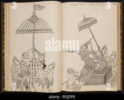 Scène du Ramakien (version thaï du Ramayana) . Ramakien (version thaï du Ramayana). 1880. Matériaux : papier européen Dimensions : 230 mm x 355 mm : Script script Khom, une variante de khmre utilisé en Thaïlande au crayon. Source : Ou. 14859 et suivants 80-81. Langue : Thaï. Banque D'Images