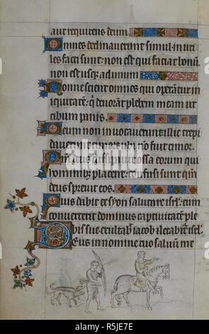 Bas-de-page scène montrant monté hunter, suivi par un homme à pied, arc et flèches, et deux chiens. Psautier de la reine Mary. Angleterre (Londres) ; années 1310-1320. Source : Royal 2 B. VII, f.151v. Langue : le latin. Banque D'Images