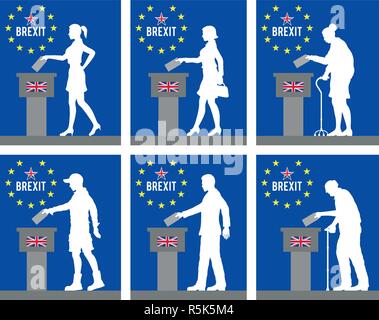 Le vote des citoyens britanniques pour Brexit en Grande-Bretagne. Tous les objets et la silhouette sont dans des couches différentes. Illustration de Vecteur