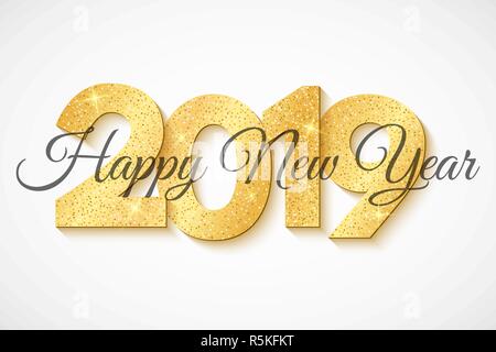 Bonne année 2019. Les numéros 3d'or de paillettes. Calligraphie noire. Maison de vacances de luxe fond web. Des éclairages féeriques. Vector illustration. EPS 10 Illustration de Vecteur