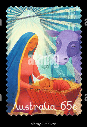 L'AUSTRALIE - circa 2015 : un voeux de Noël de timbres en Australie montre vierge à l'enfant, vers 2015. Banque D'Images