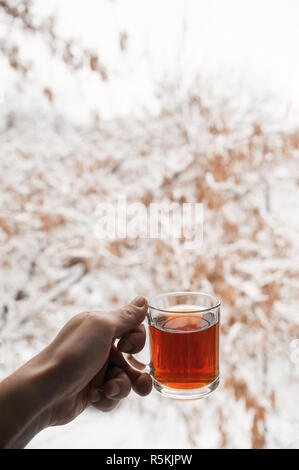 Mug transparent avec plateau. Main tenant une tasse de thé. Une tasse de thé est suspendu dans l'air du matin la composition crée une bonne humeur. Banque D'Images