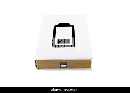 Livre avec le symbole de la batterie connectée à un câble USB Banque D'Images