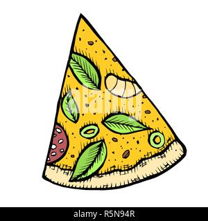 Pizza hand drawn vector illustration. Tranches de pizza en morceaux de coins. Modèle de conception. Illustration de Vecteur