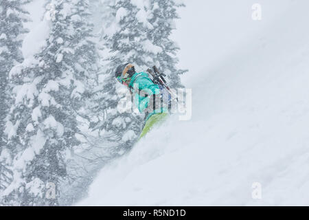 Freerider snowboarder femme descend sur poudreuse dans les montagnes dans une chute de neige Banque D'Images