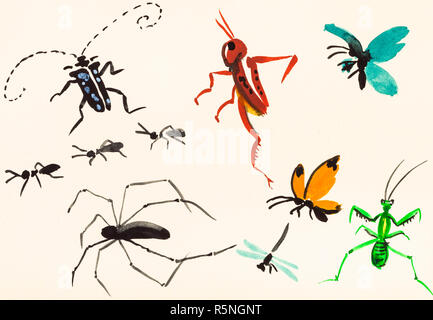 De nombreux insectes, peinte sur du papier de couleur crème Banque D'Images