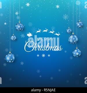 Joyeux Noël carte de vœux. Santa Claus voler dans le ciel et texte d'accueil. Fond bleu avec des flocons décorée par des boules de Noël. Illustra vecteur Illustration de Vecteur