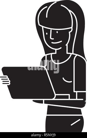 Girl watching film sur tablette icône noire, vector signe sur fond isolé. Girl watching film sur tablet symbole, illustration Illustration de Vecteur