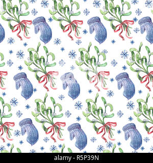 L'Aquarelle transparente avec motif de Noël bleu gui, mitaines et flocons. Banque D'Images