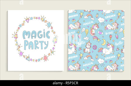 Carte pour magic party avec licornes. Banque D'Images