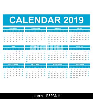 L'année 2019 du calendrier dans un style simple. Planificateur de calendrier modèle. Mensuel de l'ordre du modèle. Vector illustration d'entreprise. Illustration de Vecteur