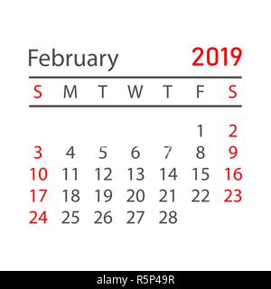 Février 2019 Calendrier année dans un style simple. Planificateur de calendrier modèle. Rappel de l'ordre du mois de février. Vector illustration d'entreprise. Illustration de Vecteur