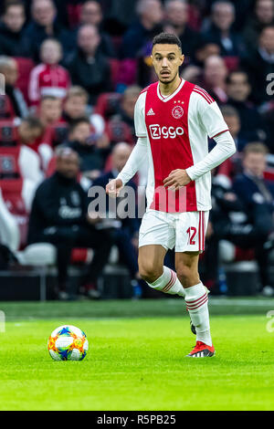 AMSTERDAM, Pays-Bas, 02-12-2018, football, Johan Cruijff ArenA, l'Eredivisie néerlandaise, de la saison 2018/2019, Ajax player Noussair Mazraoui, lors du match Ajax - ADO, Banque D'Images