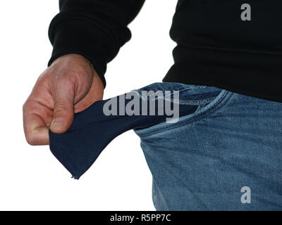 Close up de pauvre homme jeans en montrant sa poche vide isolé sur fond blanc Banque D'Images