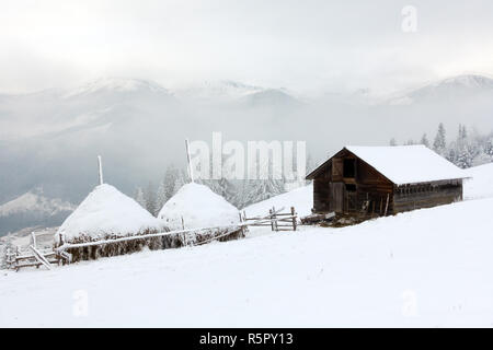 Belles montagnes en hiver. Pezazh rural. Les arbres couverts de neige. Bonne Année Banque D'Images