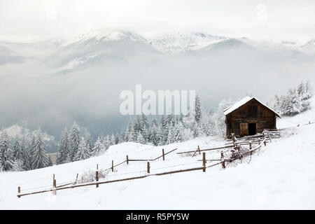 Belles montagnes en hiver. Pezazh rural. Les arbres couverts de neige. Bonne Année Banque D'Images