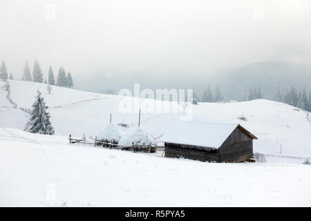 Belles montagnes en hiver. Pezazh rural. Les arbres couverts de neige. Bonne Année Banque D'Images