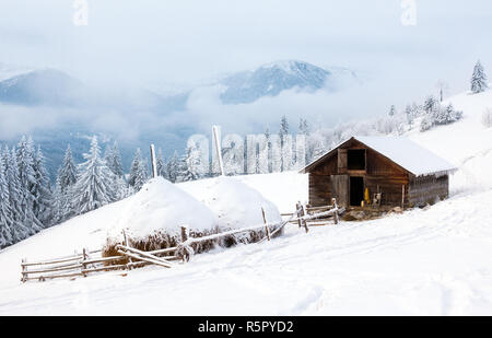 Belles montagnes en hiver. Pezazh rural. Les arbres couverts de neige. Bonne Année Banque D'Images