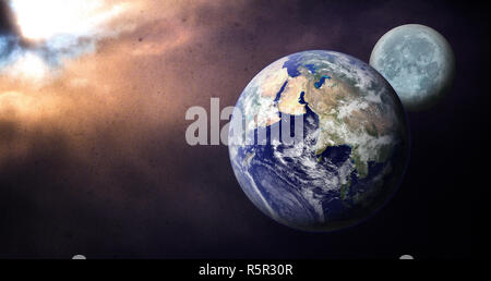 La Terre et la Lune dans l'espace sous ciel couvert sombre concept. Avenir sombre, mais la lumière de l'espoir. Banque D'Images