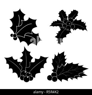 Baie de houx de Noël silhouette, feuilles et fruits, symbole, icône du design. Vector illustration d'hiver isolé sur fond blanc. Banque D'Images