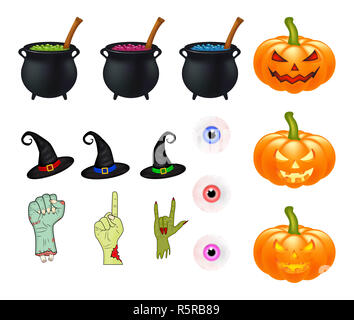 Cartoon vector set Halloween, symboles collection. ensemble d'objets vectoriels, citrouilles, chapeau de sorcière chaudron, et plus encore. Vector Set of cute Halloween elements, d'objets et d'icônes pour votre conception Banque D'Images