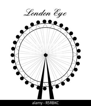 Image de caricature silhouette du London Eye avec signe.Vector illustration isolé sur fond blanc. Banque D'Images