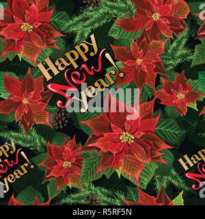 Transparente avec motif de noël poinsettia fleurs, branches de sapin, et le lettrage Illustration de Vecteur