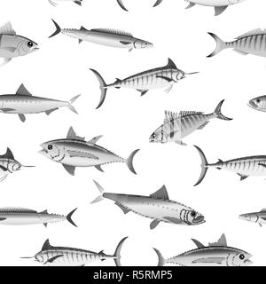 Divers poissons en noir et blanc motif transparent Illustration de Vecteur