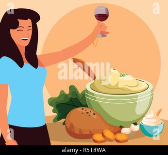 Cartoon femme tenant un verre de vin et cuisse de poulet et sa purée de pommes de bol sur fond orange, design coloré. vector illustration Illustration de Vecteur